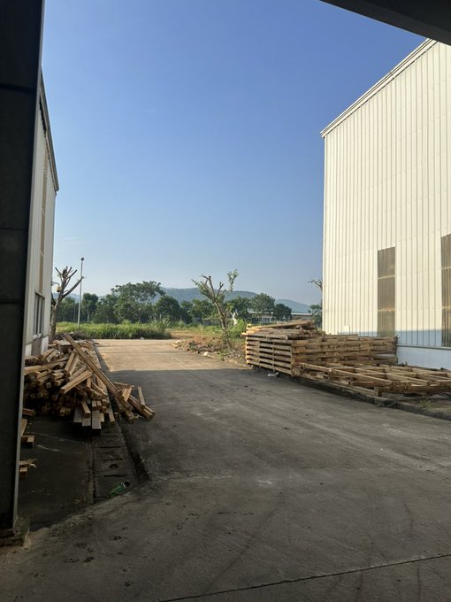 An outdoor industrial area between two warehouse buildings with stacks of wooden pallets and lumber under a clear blue sky.