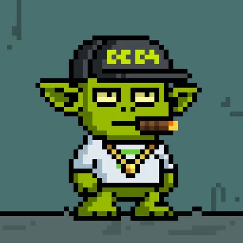 A pixel art character resembling a green goblin or troll wearing a black cap with "CCCH" written in green, a white t-shirt, and a gold chain, smoking a cigar.