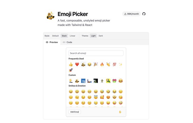 A website screenshot for an 'Emoji Picker' tool described as 'A fast, composable, unstyled emoji picker made with Tailwind & React', showing a preview with frequently used and custom emojis.