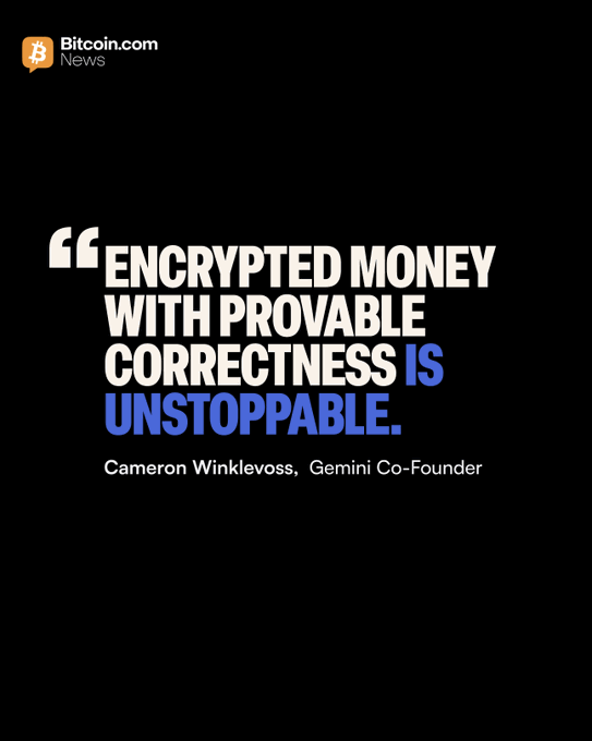 The image features a quote from a person named Cameron Winklevoss about the importance of formal verification in securing software against attacks. The quote is written in white text, which stands out against a black background. The background also includes a small logo for Bitcoin News at the top left corner and a link to the Bitcoin News website at the bottom right corner.