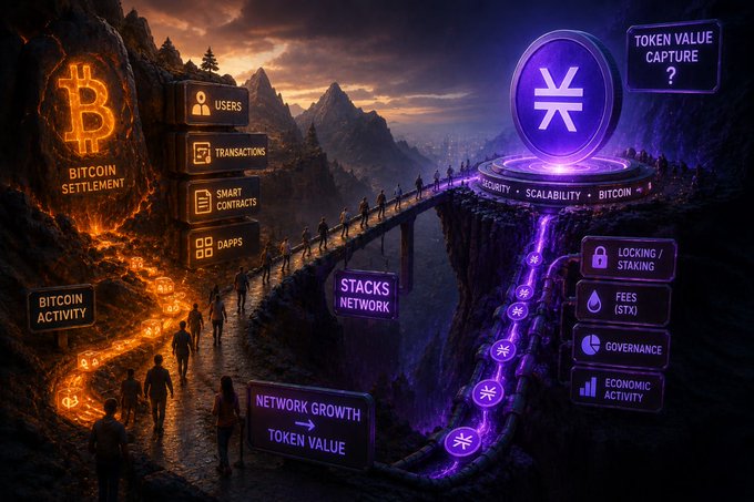 A fantasy landscape depicts a glowing orange Bitcoin gateway labeled "Bitcoin Settlement" with metrics for "Users," "Transactions," "Smart Contracts," and "Dapps" connecting across a bridge to a purple Stacks network featuring a large STX coin, "Token Value Capture?" sign, and functions like "Locking/Staking," "Fees (STX)," "Governance," and "Economic Activity," with a central banner reading "Network Growth → Token Value." The image visually illustrates the post's central tension—rising Bitcoin activity and over 1.6M cumulative active wallets plus 55% growth in daily users—flowing across the bridge, while the unanswered "Token Value Capture?" highlights the open question of whether this network growth actually translates into STX value.
