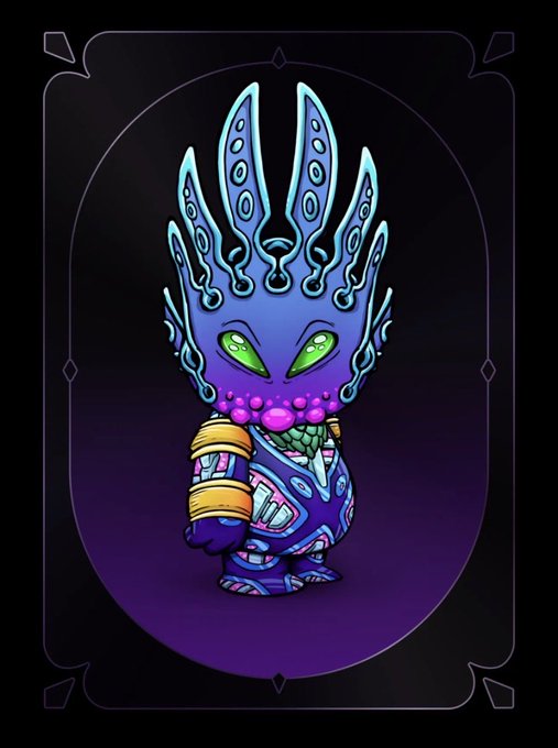A digital illustration of a stylized, colorful creature with a large ornate blue and purple head featuring green eyes and pink beaded necklaces, set within a decorative purple frame.