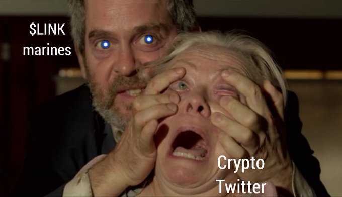 A meme featuring a man with glowing blue eyes grabbing a terrified older woman's face, captioned '$LINK marines' and 'Crypto Twitter'.