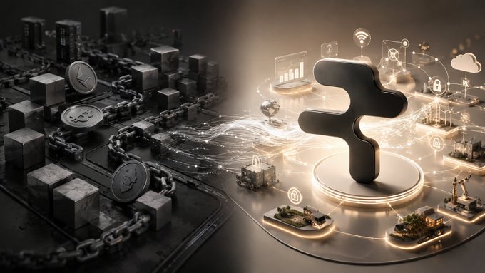 A split digital artwork contrasting chained cryptocurrency coins in a dark industrial setting on the left with a glowing interconnected fintech symbol on the right.