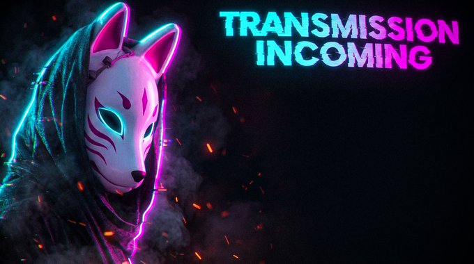 A digital artwork of a figure wearing a pink and white fox mask with neon pink and cyan lighting, featuring the text 'TRANSMISSION INCOMING'.