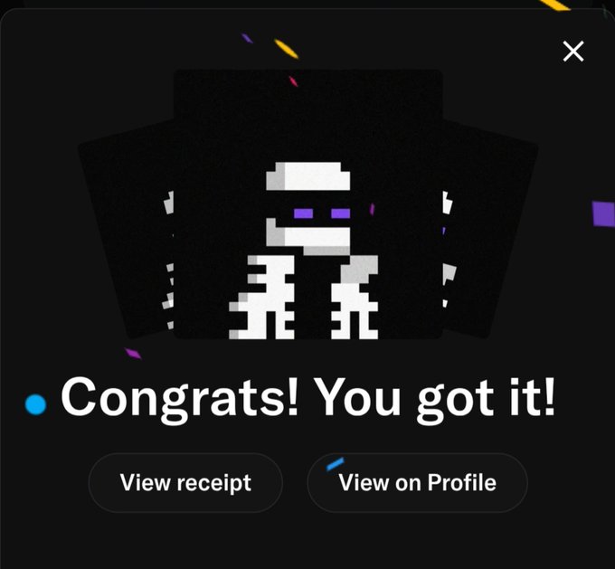 A digital interface displays the message 'Congrats! You got it!' with options to 'View receipt' and 'View on Profile,' alongside a pixelated Minecraft-style skeleton character.