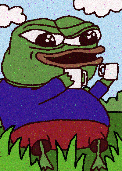 A cartoon illustration of a sad-looking Pepe the Frog character wearing a blue shirt, holding a cup of tea or coffee in a grassy field with clouds in the background.