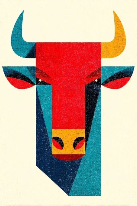A geometric, stylized illustration of a bull's head composed of red, teal, dark blue, and yellow angular shapes.