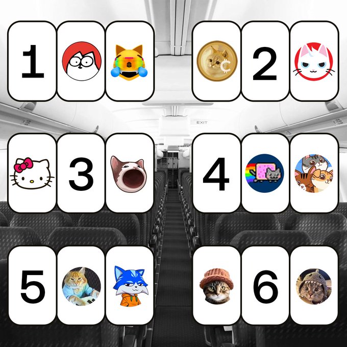 The image shows the interior of an airplane cabin with numbered seat cards (1-6) featuring various cat-themed emojis and memes (including Hello Kitty, Pop Cat, and Nyan Cat). The caption "I'll take 3" with $kitty $popcat references choosing seat 3, which displays the Hello Kitty and Pop Cat icons.