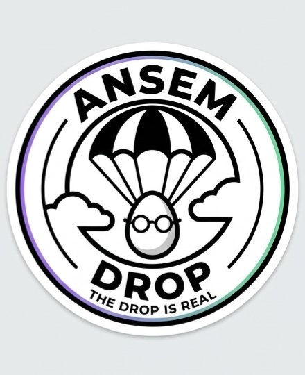 A circular sticker or logo featuring a parachuting egg character with the text 'ANSEM DROP' and 'THE DROP IS REAL'.