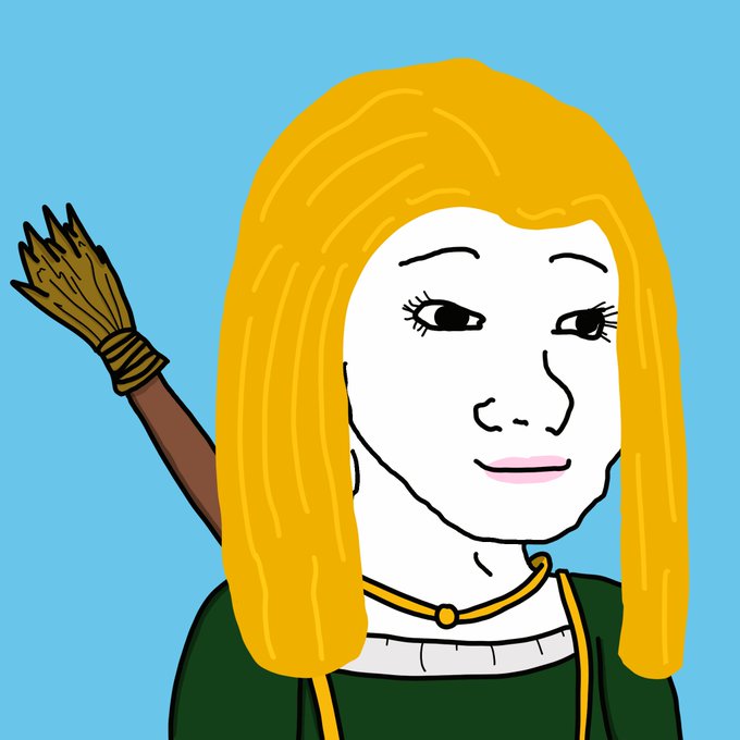 A simple cartoon illustration of a blonde woman with a calm expression and a quiver of arrows on her back, set against a light blue background.
