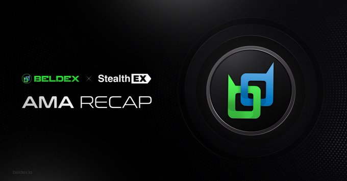 A dark promotional graphic for 'BELDEX x StealthEX AMA RECAP' featuring a black background and the Beldex green and blue logo.