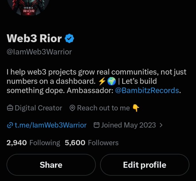 A Twitter profile screenshot for 'Web3 Rior' (@IamWeb3Warrior), a Digital Creator and Ambassador for @BambitzRecords, with 5,600 followers and joining date May 2023.
