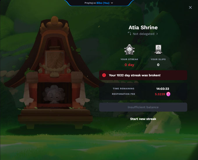 The image shows a screenshot of a computer screen displaying a game progress bar with a red status message indicating that the player's streak was broken. The game appears to be set in a fantasy world, possibly a video game or an adventure game. The background features a green forest setting and a temple-like structure.