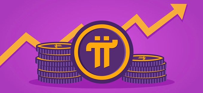 A stylized illustration featuring stacks of purple and gold coins bearing the Pi Network "π" logo, set against a vibrant purple background with an upward-trending orange arrow. The image visually reinforces the post's message about Pi's growth potential, symbolizing the cryptocurrency's rising value and its evolving role beyond blockchain into a new computing-based economy.
