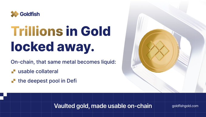 A Goldfish promotional banner featuring a gold coin embossed with the brand's logo inside a transparent vault, with the headline "Trillions in Gold locked away" and subtext explaining that on-chain tokenization transforms vaulted gold into "usable collateral" and "the deepest pool in DeFi," reinforcing the post's message about unlocking centuries of static bullion into liquid, programmable financial infrastructure.