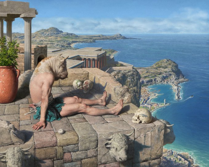 A mythological minotaur figure sits on an ancient stone terrace overlooking a beautiful Mediterranean coastline with turquoise waters, with a human skull and bull skulls nearby.