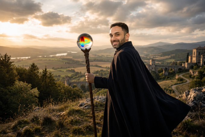 A smiling man in a black cloak holding a staff with a glowing multicolored orb, standing in a grassy landscape with a scenic bridge and ancient buildings in the background.
