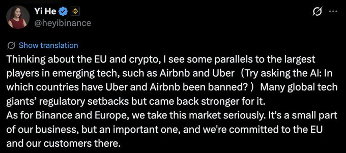 A tweet from Binance Co-CEO Yi He (@heyibinance) discussing parallels between EU crypto regulation and setbacks faced by tech giants like Airbnb and Uber, while reaffirming Binance's commitment to the European market.