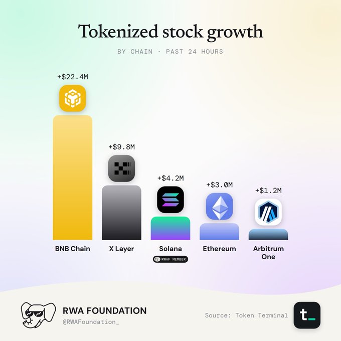An infographic titled 'Tokenized stock growth BY CHAIN PAST 24 HOURS' from RWA Foundation showing BNB Chain leading at +$22.4M, followed by X Layer (+$9.8M), Solana (+$4.2M), Ethereum (+$3.0M), and Arbitrum One (+$1.2M).