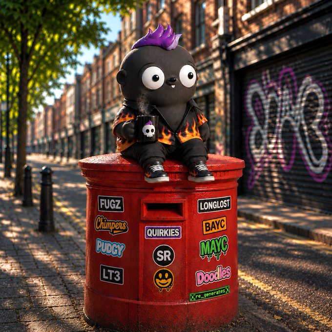 A 3D-rendered cartoon character with a purple mohawk and flame-print jacket sits on a red British post box covered in stickers like 'FUGZ', 'Chimpers', 'PUDGY', and 'BAYC', holding a coffee cup with skull steam art.