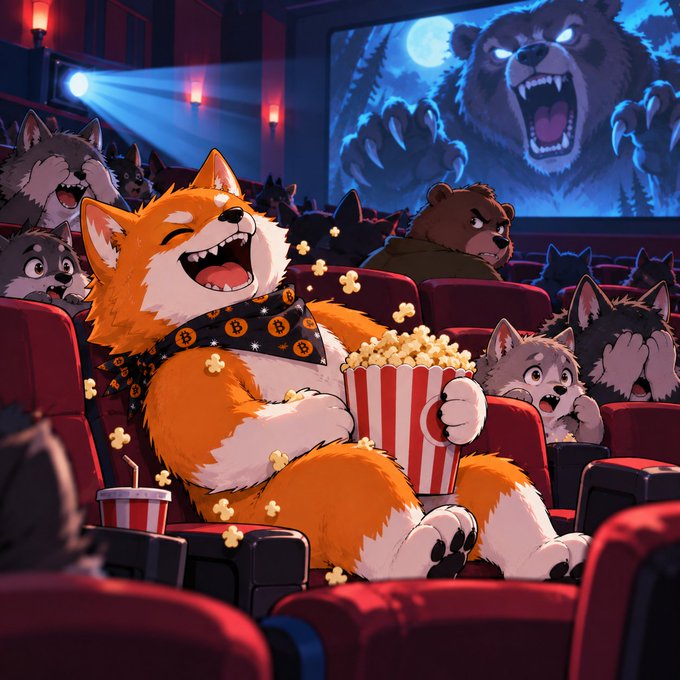 An illustrated Shiba Inu dog wearing a Bitcoin bandana laughs while eating popcorn in a movie theater filled with other animal characters watching a scary bear film.