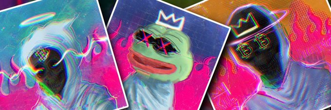 Three stylized, glitch-art portraits featuring figures with crowns and halos, rendered in vibrant neon colors of pink, green, and blue.