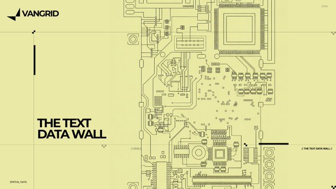 A presentation slide titled "THE TEXT DATA WALL" by VANGRID, featuring an abstract green circuit board/architectural blueprint design with 2026 and "SPATIAL DATA" labels.