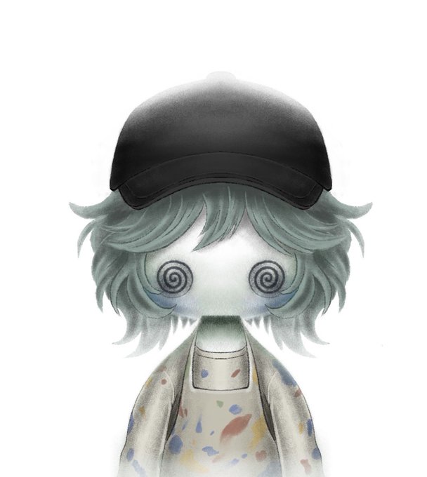 A digital illustration of a stylized, doll-like character with pale skin, messy mint-green hair, hypnotic spiral eyes, and a black cap, wearing a paint-splattered smock.