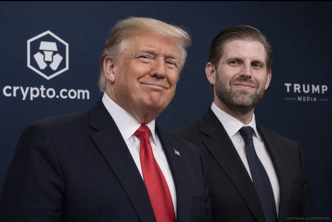 Two men in dark suits—one older with blonde hair and a red tie, the other younger with a beard and dark tie—stand smiling in front of a backdrop featuring the "crypto.com" and "TRUMP MEDIA" logos. The image appears to be an editorial illustration accompanying an investigation into the financial relationship between Crypto.com's Cronos network and Trump Media, examining past token burn claims alongside more recent proposals.