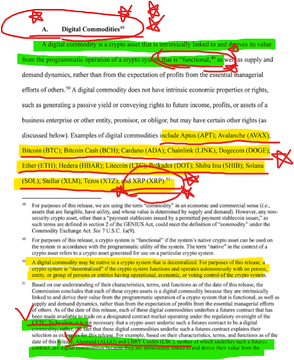 An academic paper titled 'A: Digital Commodities?' with various text passages highlighted in yellow and several circled or crossed-out sections with red annotations, including crypto tokens like BTC, ADA, DOGE, SOL, and XRP.