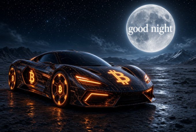 An artistic rendering of a futuristic sports car adorned with Bitcoin logos parked under a full moon with the text "good night".