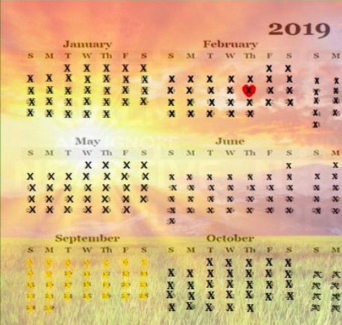 A calendar for 2019 displays six months (January, February, May, June, September, and October), with most dates marked by black X's except September, which is highlighted in yellow with visible dates, and a red heart on February 14. The yellow highlighting of September visually reinforces the post's claim that "XRP and September will shine."