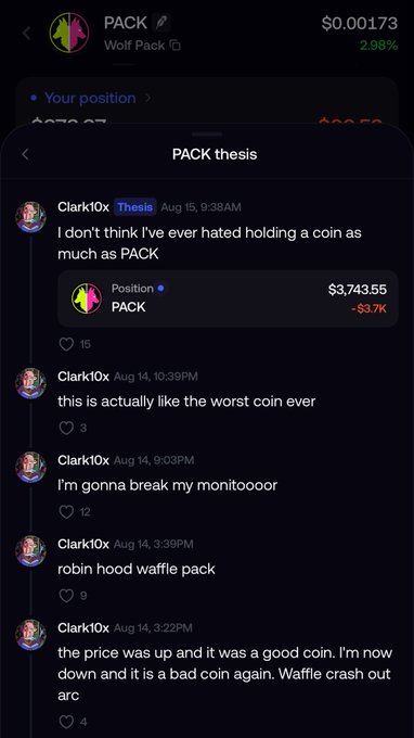 A mobile app screenshot showing a 'PACK thesis' discussion thread on Wolf Pack, where user 'Clark10x' posts negative commentary like 'I don't think I've ever hated holding a coin as much as PACK' alongside a position showing -$3.7K.