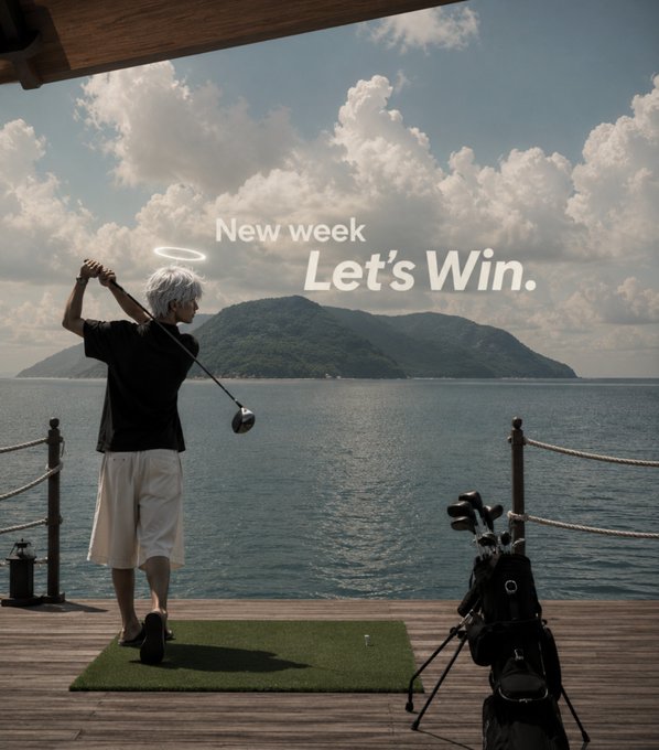 An anime-style character with white hair and a halo swings a golf club at a tee overlooking the ocean and an island, with motivational text reading 'New week Let's Win.'