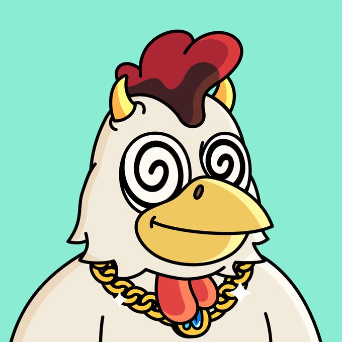 A cartoon illustration of a white chicken with spiral eyes and a gold chain necklace, wearing chocolate syrup and a red comb.