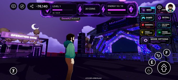 A screenshot from the metaverse game Operation Genesis showing a 3D avatar in a green hoodie with UI elements including '-76,140' coins and 'LEVEL 1'.
