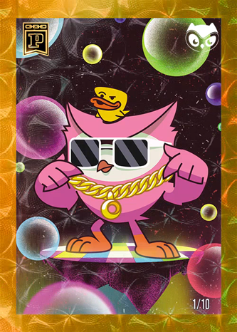 A stylized trading card illustration showing a cool pink character wearing sunglasses and a gold chain, with a yellow duck on its head, set against a cosmic bubble background, marked '1/10' at the bottom.