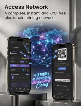 A promotional advertisement for 'Access Network' promoting a 'complete, instant, and KYC-free blockchain mining network' with images of two smartphones displaying the app and 'FREE MINING ACCESS COINS' text.