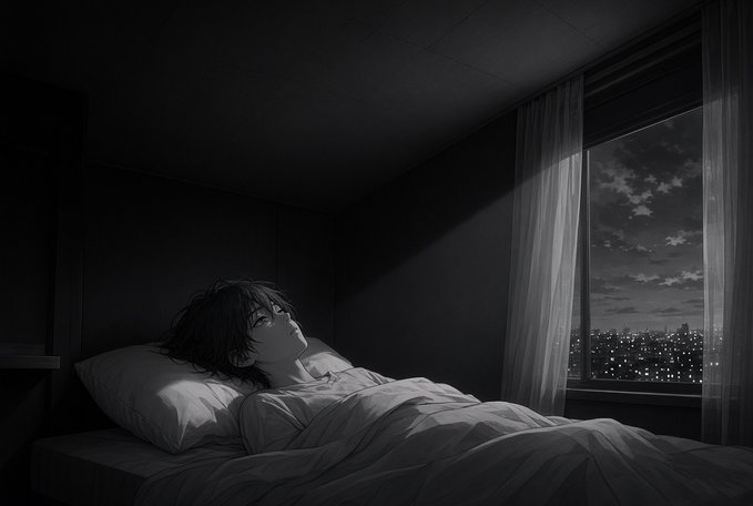 A person lies in bed gazing out a window at a city skyline under a moonlit sky, capturing a quiet nighttime moment before signing off for the evening.