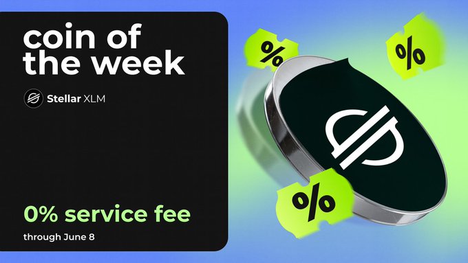 The image features a coin of the week poster that includes a black square background, featuring a shiny silver coin at its center with the percentage symbol printed on it. There are four green dollar signs surrounding the coin, indicating it's related to the currency exchange market or tokenized assets (e.g., XLM). Below the coin image is an information block providing details about the coin and where it was chosen as a tokenized asset. The post also mentions that a 0% service fee is offered through the week, which can be found at the bottom right corner of the image.