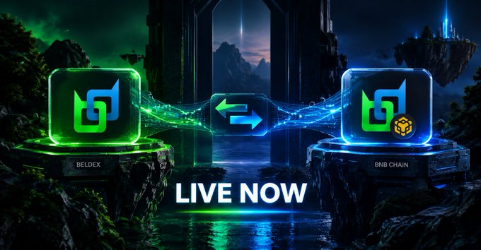 A promotional graphic displays logos for 'BELDEX' and 'BNB CHAIN' on illuminated pedestals connected by a digital flow, with 'LIVE NOW' text in the center against a fantasy landscape backdrop.