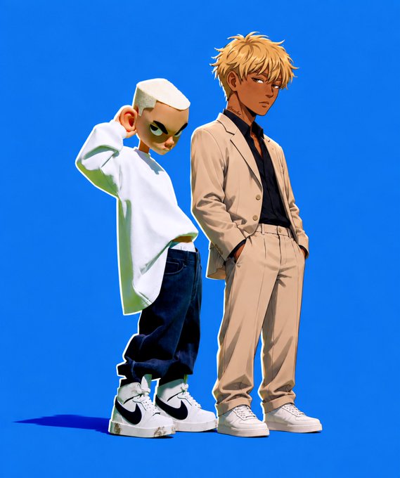 An illustration of two manga-style male characters against a blue background; the shorter one wears a white oversized shirt, dark jeans, and white Nike sneakers, while the taller one is dressed in a beige suit.