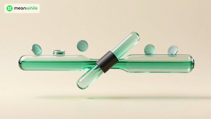 A 3D render shows a green glass pill-shaped container split horizontally, with small coins floating out and a black band around the center; the 'meanwhile' logo appears in the top-left corner against a beige background.
