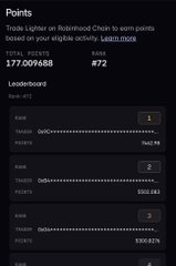 A mobile screenshot showing a Lighter (Lighter_xyz) points dashboard with a total of 177/2,009,688 points, ranking #72, along with leaderboards displaying trader addresses and points. The image visually confirms the post's claim of earning 163 points weekly, while also illustrating the platform's RWA pairs trading structure that the user is calculating potential $LIT token returns over 20-30 week timeframes.