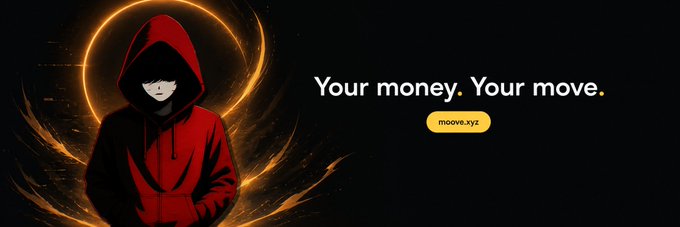 The image features an anime-style figure in a red hooded sweatshirt against a dark background with golden fiery accents, alongside the text "Your money. Your move." and a "moove.xyz" button. The striking visual reinforces the post's endorsement of the Moove wallet, symbolizing a sleek, modern crypto experience that aligns with the highlighted features of easy navigation, fast transactions, and reliable on-chain performance.