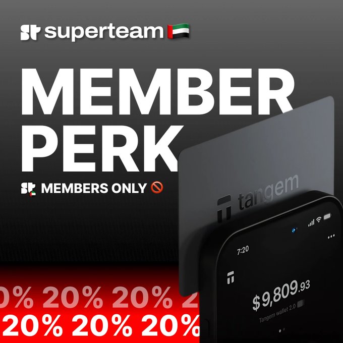 The image displays a smartphone sitting next to an advertisement for a company called Tangem. The phone's screen shows some information about a superteam member perk, offering 20% off on a range of products including hardware wallets. This offer is only available to members who have joined the superteam.