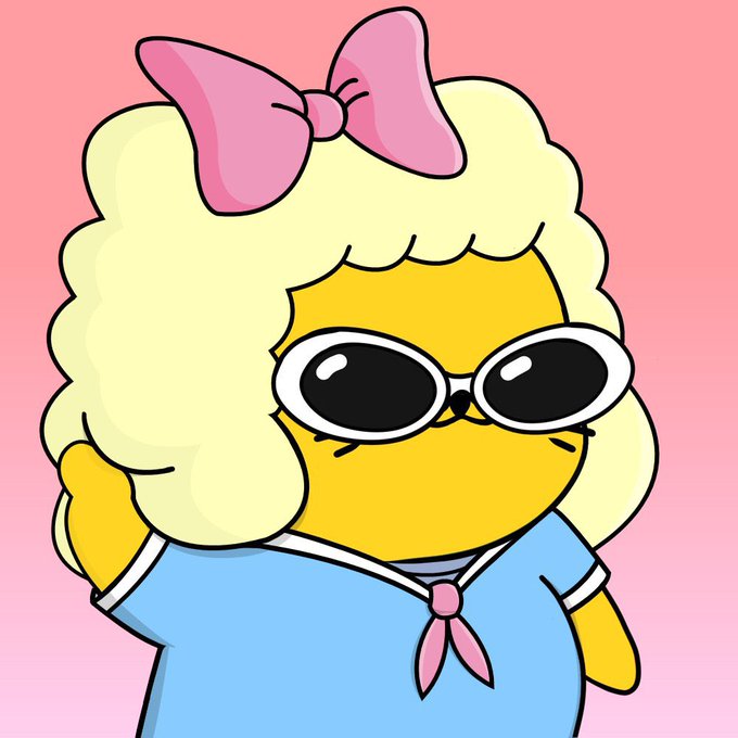 A cartoon illustration of a yellow poodle character with white curly hair, a large pink bow, sunglasses, and a blue dress with a pink tie, set against a pink gradient background.