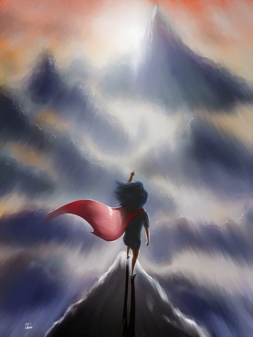 A digital painting of a figure with a flowing red cape standing on a mountain peak, reaching upward toward a bright light between dramatic clouds.