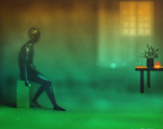 A dark, atmospheric digital artwork featuring a silhouetted figure seated on a block, gazing toward a window-lit table with a plant, all bathed in moody green and orange tones.